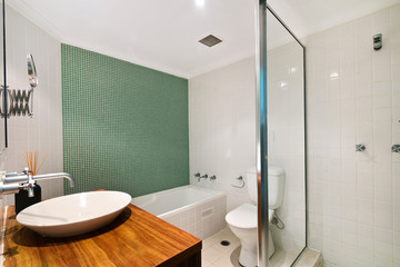 Stylish clean bathroom with shower and bath tub