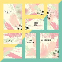 Set of creative universal cards. Hand Drawn textures. Wedding, anniversary, birthday, Valentine s day, party. Design for banner, poster, card, invitation placard brochure flyer Vector Isolated
