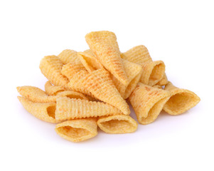 Crunchy corn snacks on a white background