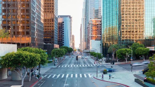 Time-lapse of traffic and people at a busy intersection in Downtown Los Angeles