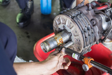 repair brake of aircraft.(Focus on the brake bolts.)