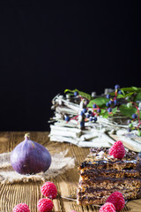 Piece of delicious chocolate cake with figs