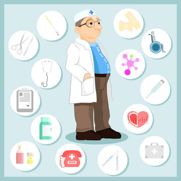 Doctor in cartoon style. Set of icons on a medical theme.