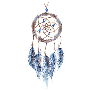 Watercolor ethnic tribal hand made feather dreamcatcher isolated