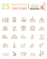 A set of graphical linear and flat icons with symbols of Madrid.