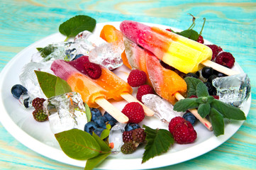 Composition of delicious ice cream, fruits and ice cubes