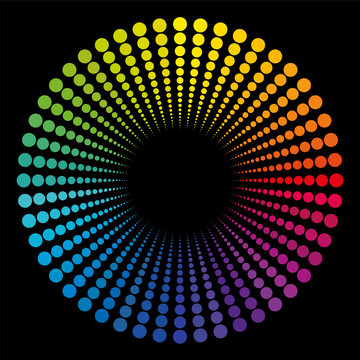 Tube composed of rainbow colored dots - circular pattern with black center.