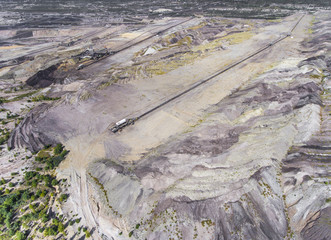 Surface coal mining in Poland. Destroyed land. View from above.