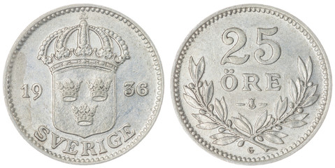 25 ore 1936 coin isolated on white background, Sweden