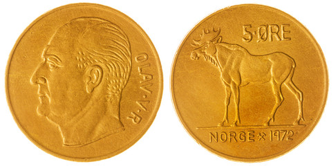 5 ore 1972 coin isolated on white background, Norway