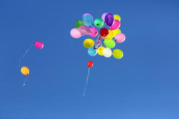many multicolored balloons flying in the blue sky