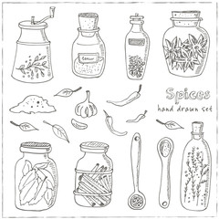 Spices in jars.Vintage illustration for identity, design