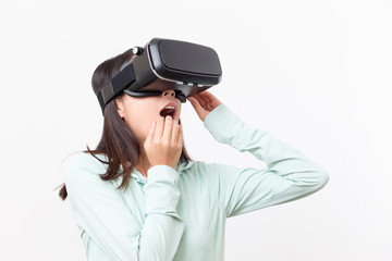 Woman feeling horrible with virtual reality device