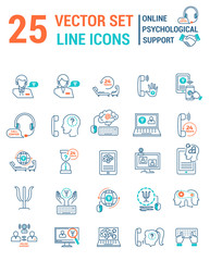 Set vector line icons in flat design with Online psychological s