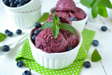 Summer cold dessert - blueberry ice cream with mint on a white b
