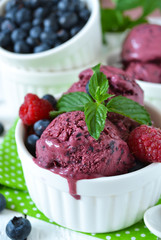 Summer cold dessert - blueberry ice cream with mint on a white b