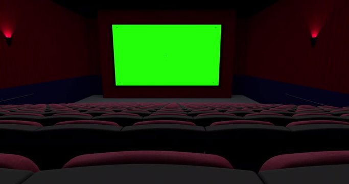 Empty Theater Move Left From the Back. shot moves left from behind the back row of seats in a movie theater looking at a green screen with tracking marks. Luma matte supplied for easy isolation
