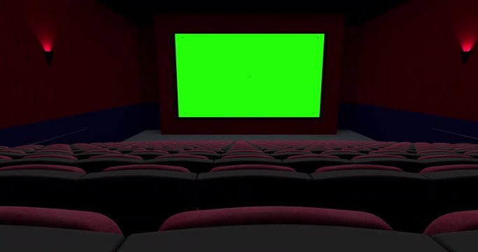 Empty Theater Move Right From the Back. shot moves right from behind the back row of seats in a movie theater looking at a green screen with tracking marks. Luma matte supplied for easy isolation
