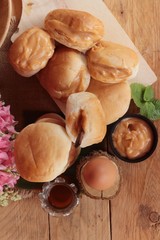 bread with custard delicious on wood background.