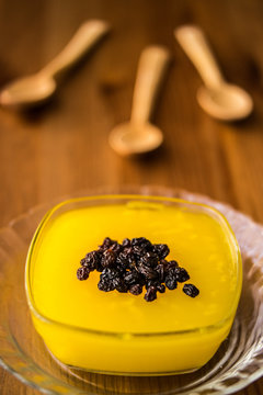 Turkish Traditional Dessert Zerde Pudding with Raisin.