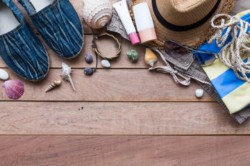 Summer holiday concept, men's accessories and travel items on wooden board, flat lay, top view background