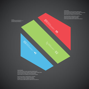 Hexagon illustration template consists of three color parts on dark background