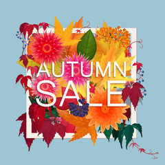 Autumn sale discount banner. Modern style Poster with golden orange foliage leaves, flowers and berries.