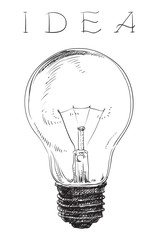 Electric lightbulb. Vector of Light bulb on white background at engraving style. 