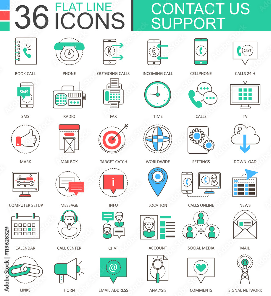 Poster Vector Contact us support modern color flat line outline icons for apps and web design.