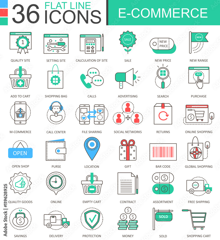 Aufkleber Vector internet E-commerce modern color flat line outline icons for apps and web design.