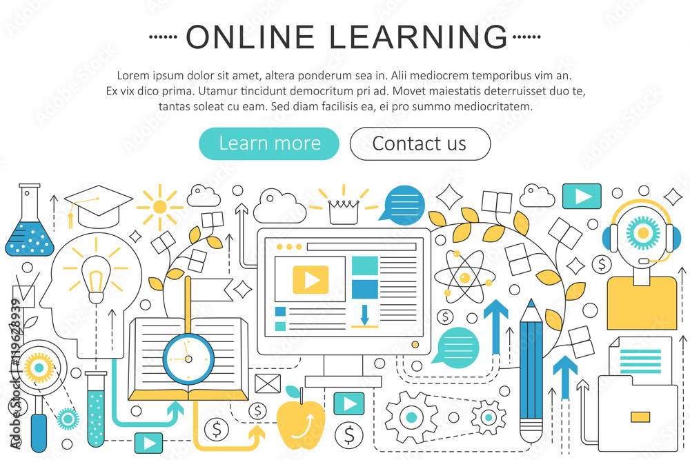 Poster vector elegant thin line flat modern art design e-learning online education concept. website header 