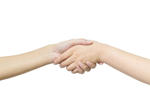 Closeup hand of asian woman shake hand with someone isolated on white background with clipping path