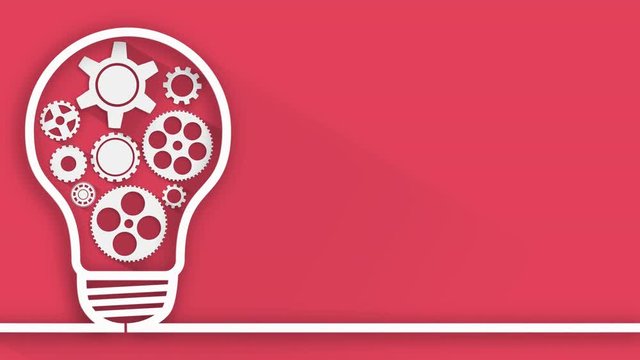 idea concept. Animated rotation gears into light bulb on red background. 4K video.