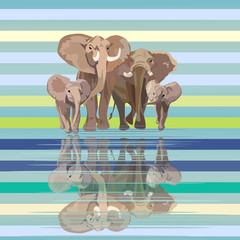 Abstract draw of elephant family (mom dad kids) at watering, background of blue sky and  lake