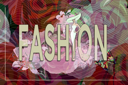 Abstract sketch girl model, white dress, hat, text Fashion , beauty  show