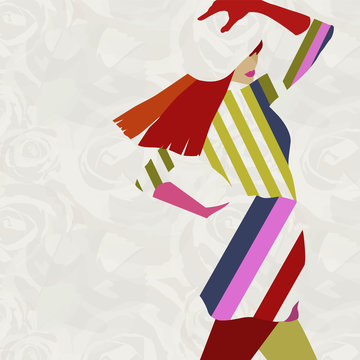 Abstract illustration  stylish woman model, clothes Collection, striped dress, hat, gloves