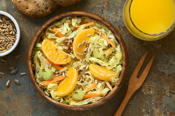 Frischer Salat aus Wirsing, Karotte, Selleriestange und Orange mit gerösteten Sonnenblumenkernen, fotografiert mit natürlichem Licht (Selektiver Fokus, Fokus auf den Salat)