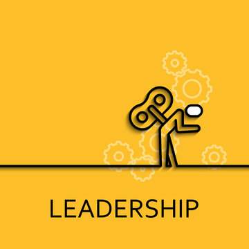 Vector business illustration in linear style with a picture of leadership as key man on yellow background poster or banner template.
