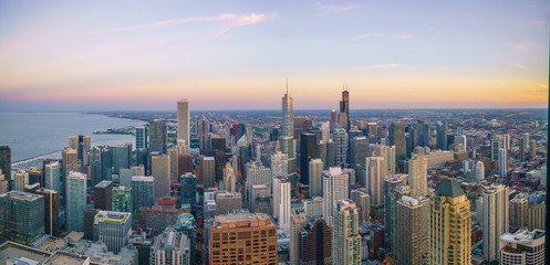 Aerial view of Chicago downtown skyline at sunset