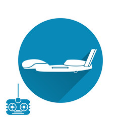 Vector isolated icon of drone silhouette with shadow and remote control on the blue background.