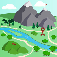 Vector illustration of 3d cartoon paper map with point marker.