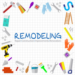 Set of repair tools on a sheet in a cage.Remodelingbackground.  Stock vector. Flat design.