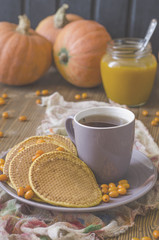 Pumpkin pancakes with sea buckthorn sauce for breakfast  