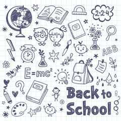 Back to School doodle set with cartoon school subjects. Back to School Vector Illustration. Notebook doodles hand-drawn illustration design.