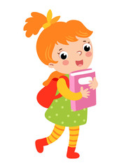 Cute girl go to school. Vector illustration of a girl on a white background. A schoolgirl walks to school.