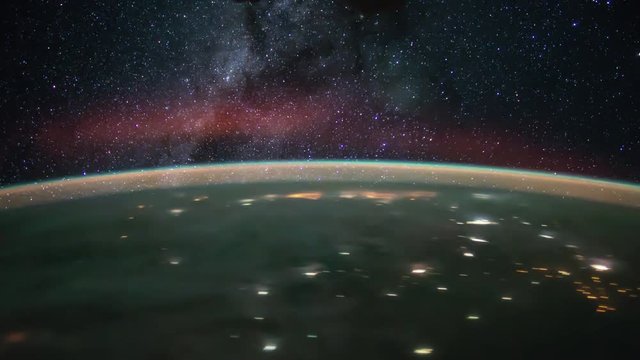 International Space Station ISS Milky Way star galaxy, Time Lapse 4K. Created from Public Domain images, courtesy of NASA. Flare and subtle motion effect