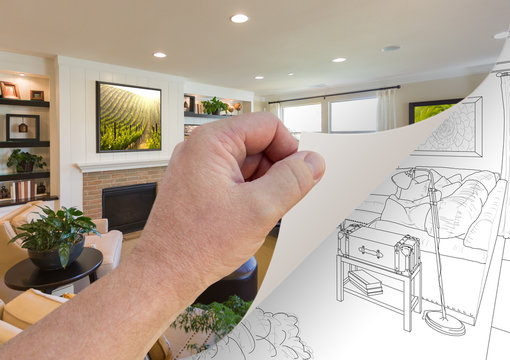 Hand Turning Page of Custom Living Room Photograph to Drawing Underneath