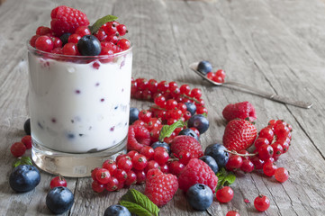 Yogurt with fresh berries in a glass