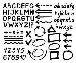 Letters, numbers, arrows, mathematical symbols, lines, written in black marker. Vector.