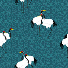 Seamless pattern with cranes. Japanese pattern. Vector.